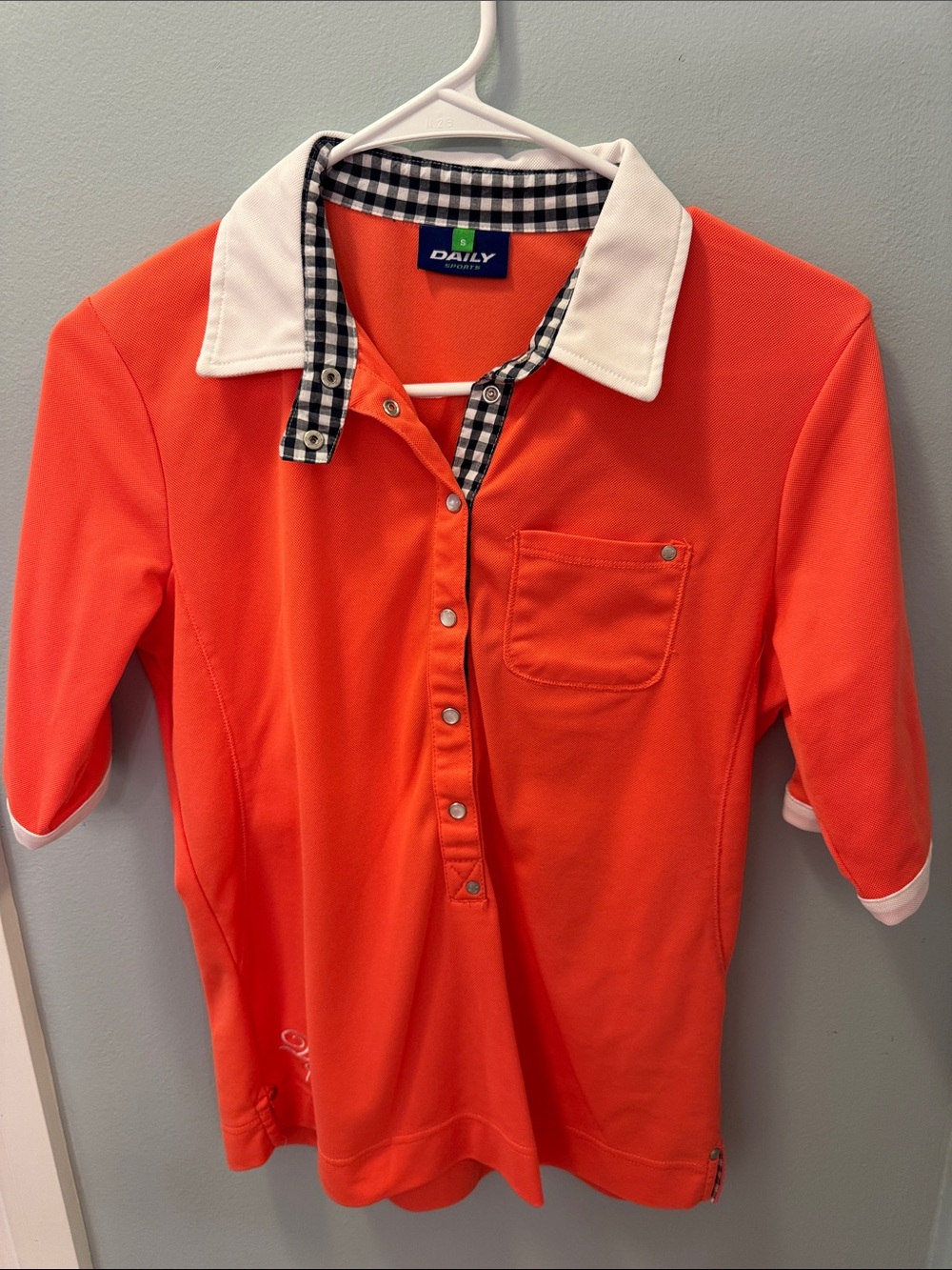 Daily Sports Waffle-knit Orange Polo with White Collar and Black Gingham Trim